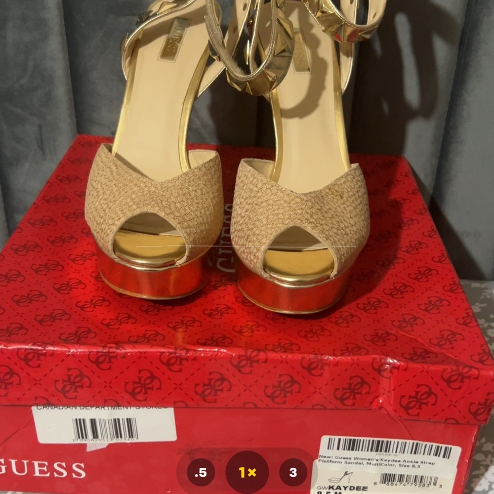 Guess Tan and Gold Peep-Toe Heels